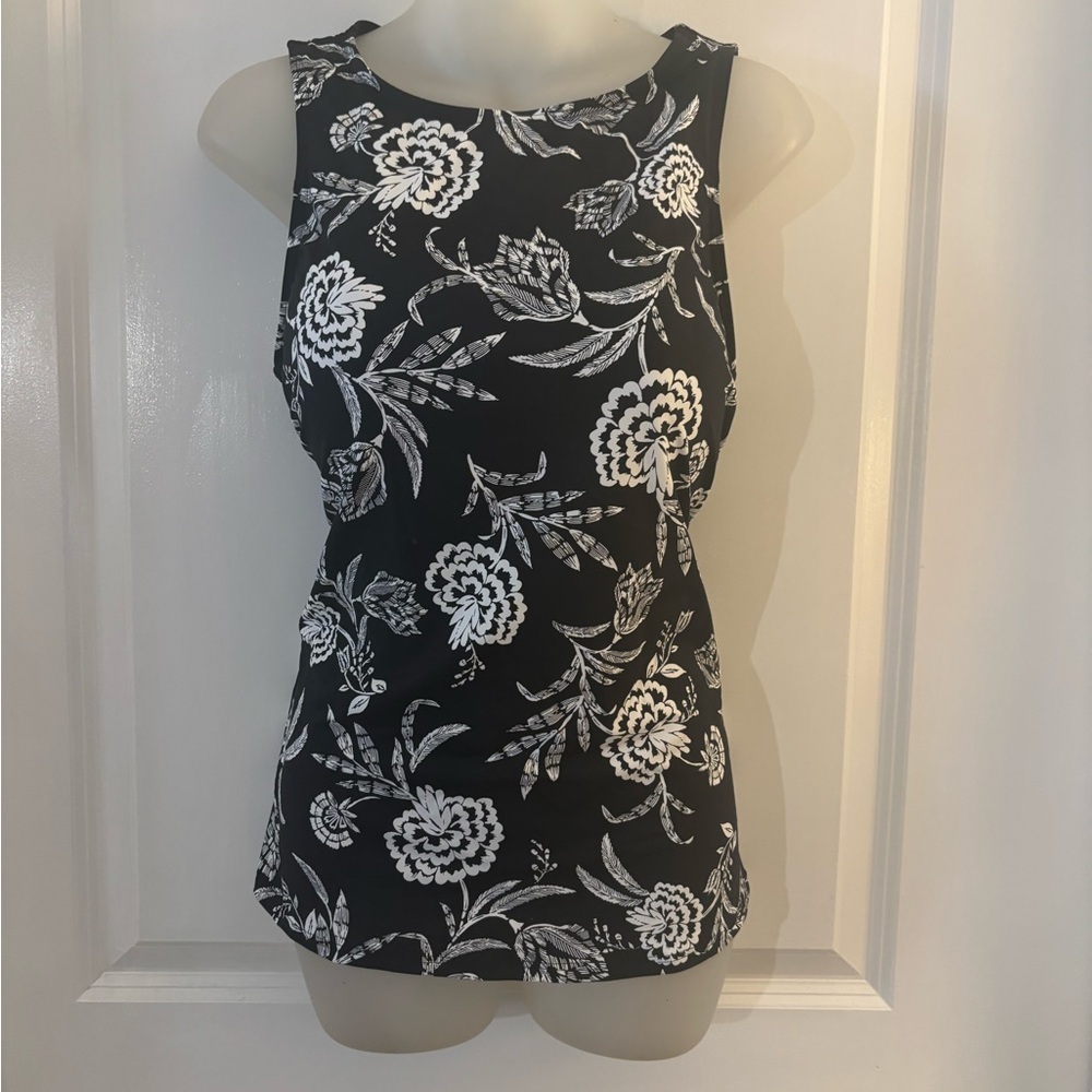 Lands End UPF 50;Floral Black and White Tankini Top sz-12 NWT - Picture 2 of 7
